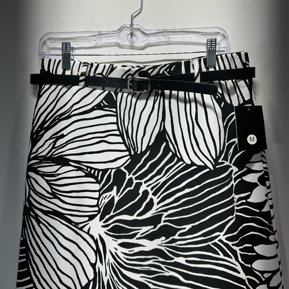 Messini Black White Floral Maxi Skirt Belted Size Medium - Picture 2 of 11